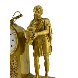 Mallet a Paris – French Empire period gilt bronze figural 8-day mantle clock c1820, the case surmounted by a Greek warrior holding his helmet in a gesture of peace and reconciliation, the rectangular plinth raised on four toupee feet with a recessed repousse panel depicting a scene from classical mythology above, white convex enamel dial with short Roman numerals, minute track and steel moon hands with weapons of war above, Parisian twin train count wheel striking movement with a silk suspension, striking the hours and half-hours on a bell.