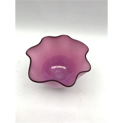 Gillies Jones of Rosedale purple glass bowl with crimped black rim signed and dated '99, D13.5cm x H11cm