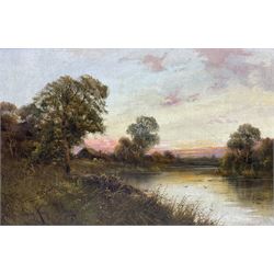 Percy King (British 19th century): Sunset over a Woodland Lake, oil on canvas signed 38cm x 60cm