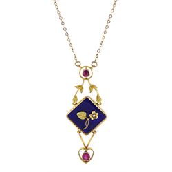 Early 20th century gold necklace, heart shaped drop, set with a pink paste stone, suspending from a blue enamel panel with applied gold seed pearl flower decoration, stamped 9ct