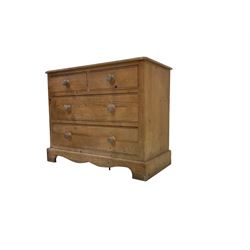 Rustic pine chest, rectangular top over two short and two long drawers, on shaped plinth base