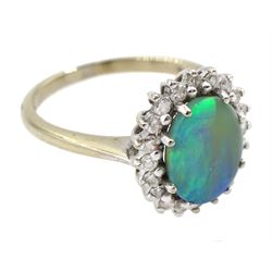18ct white gold boulder opal and diamond cluster ring, hallmarked, total diamond weight approx 0.40 carat