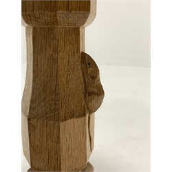 'Mouseman' Yorkshire oak oblong occasional table, with adzed top raised on octagonal turned supports united by stretcher, carved with mouse signature, 91cm x 38cm, H44cm
