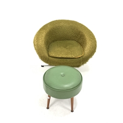 Mid 20th century swivel chair, upholstered in green faux fur, raised on chrome four point base () together with a green leather upholstered circular footstool, raised on turned beech supports 