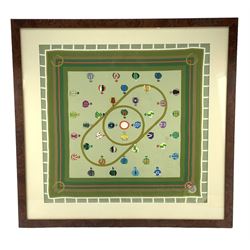 The Grand National 2007 Limited Edition scarf designed by Candy Elliott, no. 1/200, with certificate in burr veneered frame, 73cm x 75.5cm overall 