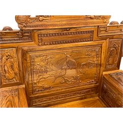 Pair Chinese Imperial style hardwood throne chairs, the backs carved with dragon masks and birds in naturalistic landscapes,  uprights fitted with two small drawers, on block supports, carved with scrolling foliate and traditional Chinese motifs