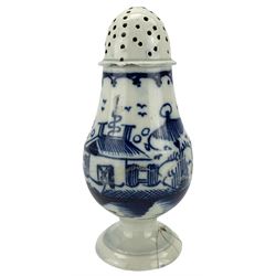 Early 19th century Yorkshire Pearlware pepper pot, probably Leeds,  painted in underglaze blue with a chinoiserie pavilion H13cm