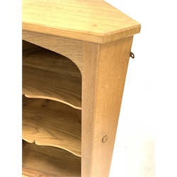 'Acornman' Yorkshire oak wall hanging corner cupboard, with two open shelves, carved with Acorn signature, W60cm