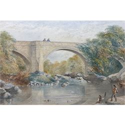 EM Edmonds (British 19th century): Anglers at Devils Bridge - Kirkby Lonsdale, watercolour signed 35cm x 51cm