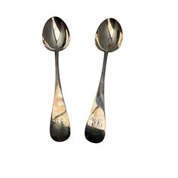 Three late Victorian silver table forks engraved with initials, three matching dessert spoons, three dessert forks, pair of table spoons and a teaspoon Sheffield 1894/5 Maker John Round 20oz and in an oak box