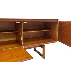 White & Newton Ltd. - teak sideboard, two drawers, central fall front and cupboard, on open rectangular framed supports