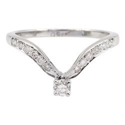 White gold single stone diamond wishbone ring, with channel set diamond shoulders