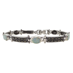 Silver opal and marcasite link bracelet, stamped 925