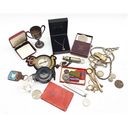 J. Hudson & co. military issue whistle dated 1940, small silver trophy, Selby Abbey medal, 9ct gold necklace, Imperial service medal together with miniature dress awards, Masonic Manchester Unity of Odd Fellows folding knife, coins, wristwatches etc 