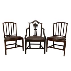 Set of four George III mahogany dining chairs, arched slat back, serpentine fronted drop-in seat upholstered in brown leather, on square moulded supports united by H-stretcher; early 19th century elbow chair, shaped moulded cresting rai lover pierced splat, upholstered drop in seat, on square tapering moulded supports (5)