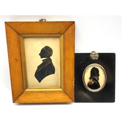 19th century silhouette of a Naval officer, reverse painted on glass and in ebonised frame image size 6.5cm x 5.5cm a 19th century silhouette with gilt highlights of a gentleman in maple frame 12.5cm x 8.5cm