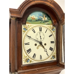 19th century figured mahogany longcase clock, stepped arch hood with fluted columns, enamel dial painted with hunting scene and flowers, subsidiary seconds dial and date aperture, eight day movement striking on bell, with two weights and pendulum, H205cm
