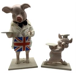 Two early to mid 20th century painted composition advertising figures, modelled as pigs, each holding a tray, on wall wooden bases, H66cm and H38cm (2)