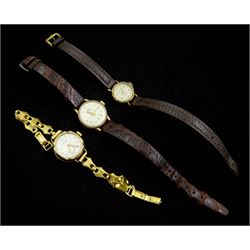 Three 9ct gold ladies manual wind wristwatches including Marvin, Rotary and Avia, hallmarked, on leather or gold-plated straps