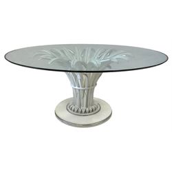 Contemporary Italian designer centre or dining table, circular glazed top over a composite base in the form of bulrushes and reeds, in an ivory and silvered finish
