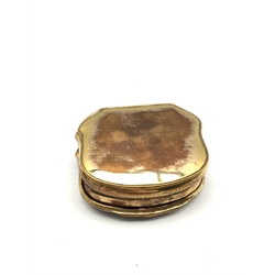 19th century gilt metal box of serpentine outline, the hinged cover embossed with figures W7cm