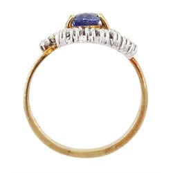 9ct gold oval cut sapphire and diamond crossover cluster ring, sapphire approx 1.50 carat, total diamond weight approx 0.20 carat
