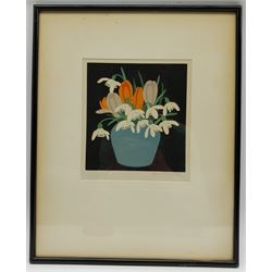 John Hall Thorpe (British 1874-1947): Crocuses and Snowdrops in a Blue Vase, woodcut signed in pencil 18cm x 16cm