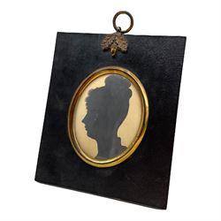George IV miniature silhouette portrait of Frances Moseley (Sister of Lucy Onslow), dated July 1822  in papier mache frame stamped W. Hill & Co. 14.5cm x 12.5cm
