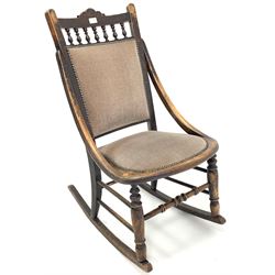 Late 19th century beech framed rocking chair with upholstered seat and back, W45cm