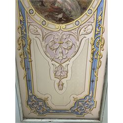 19th century painted wood and glass panel door, the frosted glass pane decorated with central Alpine waterfall landscape in a scrolling border with flowerheads, foliate and acanthus leaf decoration extend into the filed with gilt fleur-de-lis motifs, the wooden frame painted yellow and turquoise 