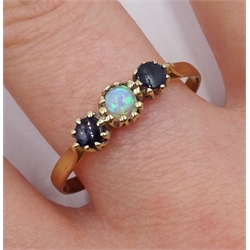 9ct gold three stone opal and sapphire ring, hallmarked
