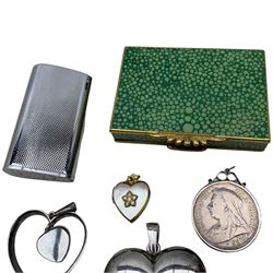 Victorian silver cased key wind pocket watch, Fogg's patent, with silver Albert chain and a stainless steel Rone Incabloc keyless pocket watch, together with small group of silver jewellery, an imitation shagreen cigarette case and a Ronson lighter