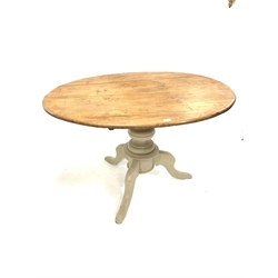 Victorian oval pine breakfast table, baluster turned pillar on three splayed supports, W119cm
