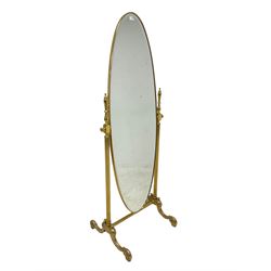 French style gilt metal oval swing cheval dressing mirror, bevelled plate supported by reeded columns with turned finials, splayed and scrolled cabriole supports joined by reeded stretcher 180cm x 66cm