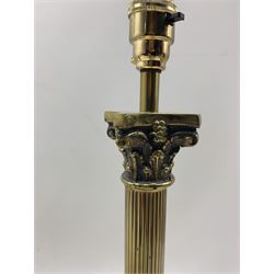 Pair of brass Corinthian column table lamps on square bases together with another similar lamp all with shades max H52cm