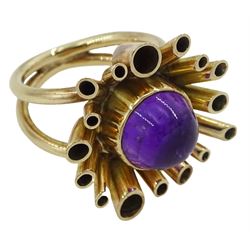 9ct gold amethyst contemporary ring, round cabochon amethyst, with stepped tubular design setting and split shank, makers mark JK, London 1971