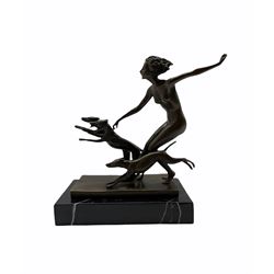After 'Lorenzl', Art Deco style bronze figure modelled as a lady with three dogs, including base H23cm, W10.5cm, L22cm