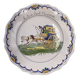 Seven 18th century style French Faience revolution commemorative plates, each hand-painted in polychrome enamels and depicting various satirical scenes including the Execution of Louis Capet, 1793, Route de St. Cloud, 1793, Ah s'il voyait, 1787 (Ah, if he saw), Femme Brunet bonne citoyenne, 1793 (Woman Brunet good citizen) and others, D23.5cm (7)