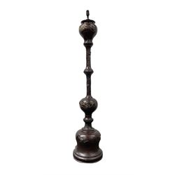 Early 20th century Japanese bronze standard lamp of baluster design decorated with a raised pattern of gilt flowers and Cranes, H152cm overall