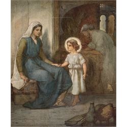 John Lawson (Scottish 1838-?): Mary and Jesus as a Boy with Joseph Working, watercolour illustration unsigned, labelled verso 22cm x 18cm
Notes: John Lawson was a Victorian illustrator of books and periodicals, this watercolour was used as the original for a religious publication