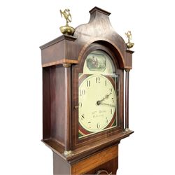 William Dixon of Pickering - 30-hour mahogany longcase clock c1840, with an ogee-shaped pediment and matching brass ball and eagle finials, break arch hood door flanked by circular pilasters with brass capitals, inlaid trunk with chamfered corners and break arch topped door, deep rectangular plinth with shaped legs, painted dial with Arabic numerals and brass hands, depiction of a seated highland soldier to the arch, dial pinned to a chain driven count wheel striking movement with a recoil anchor escapement. With weight and pendulum.