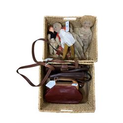 Three vintage handbags including Etienne, Chesneau and The Bridge, two straw filled cloth dolls and other dolls, with two wicker baskets 