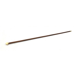 1920's snakewood walking cane with 9ct gold collar inscribed J.E.W dated 22.6.23 with spherical ivory finial, L93cm