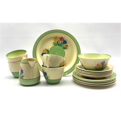 Clarice Cliff Crocus pattern tea set comprising four teacups, five saucers, five tea plates, side plate and milk jug all stamped Newport Pottery Co. and matching bowl by Royal Staffordshire Pottery A. J. Wilkinson 