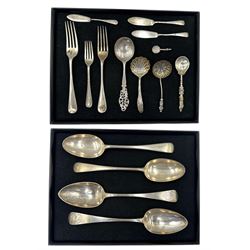Pair of William IV silver table spoons engraved with initials London 1833 Maker Robert Hennell, another pair London 1937, two sifting spoons, three butter knives and other silver cutlery 16oz