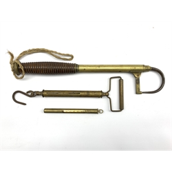 Telescopic brass Salmon gaff with turned wood handle, Salter spring balance and a Hardy's small brass thermometer