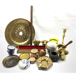 18th century alms dish D39cm, four brass mortars,  19th century candlestick and other items 
