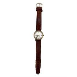 Record de Luxe gentleman's 9ct gold automatic presentation wristwatch, silvered dial with baton hour markers, on later brown leather strap