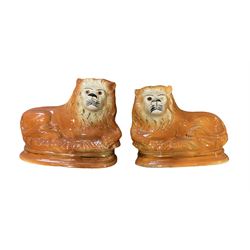Pair of Staffordshire type lions, L28cm 