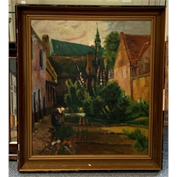 E LeFebvre - Oil on canvas of a Continental village scene, signed and dated 1948, 76cm x 65cm 